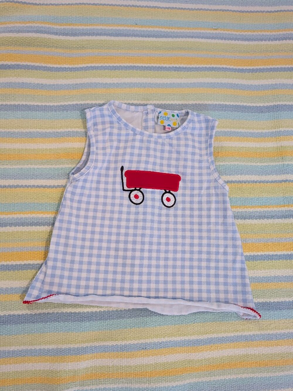 ⭐ Girl's Sugar Dumplin blue & white gingham red wagon top size 24 months